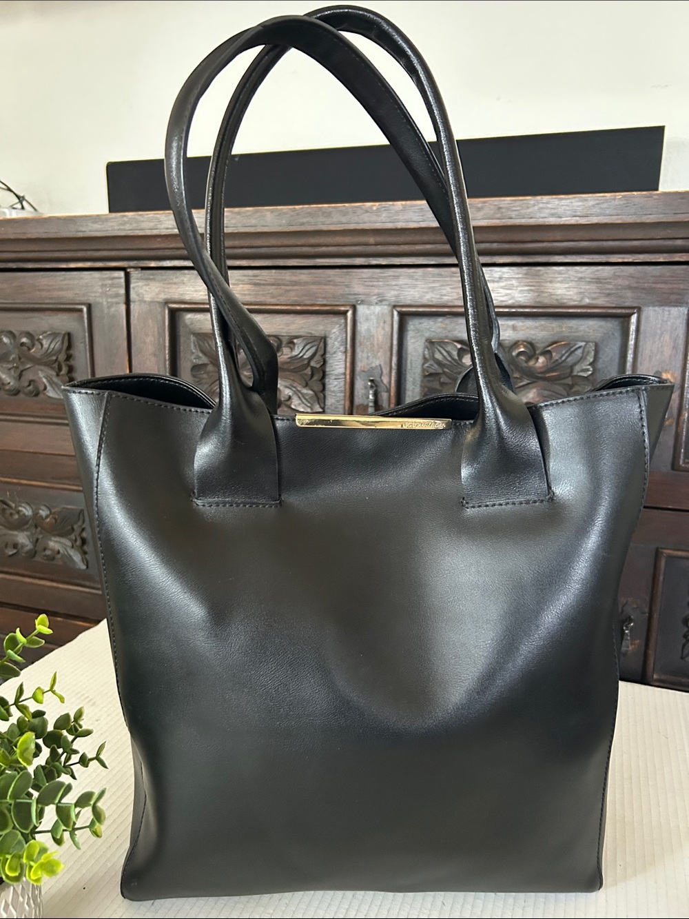 BCBGMaxAzria Black Leather Double-Handle Tote with Gold Accent